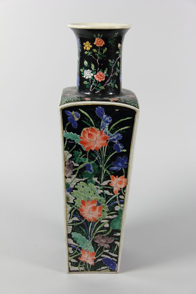 Square vase with scenes of four seasons, Porcelain painted in polychrome enamels over a black ground (Jingdezhen ware, famille noire), China