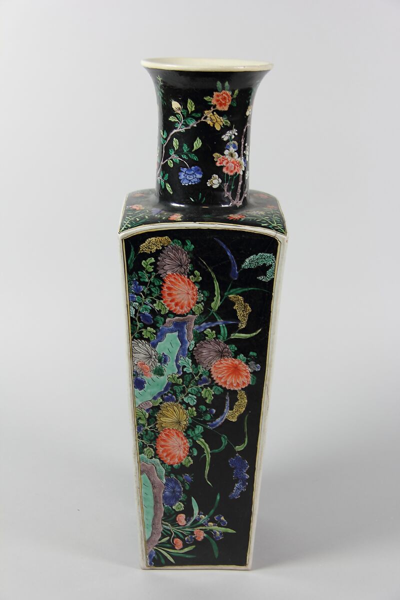 Square vase with scenes of four seasons, Porcelain painted in polychrome enamels over a black ground (Jingdezhen ware, famille noire), China 