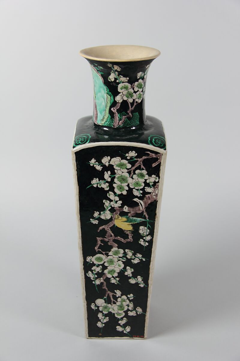 Square vase with birds and flowers, Porcelain painted in polychrome enamels over a black ground (Jingdezhen ware, famille noire), China 