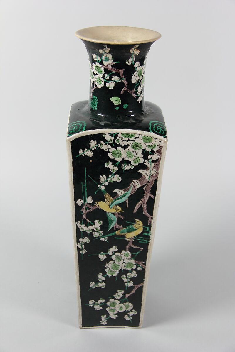Square vase with birds and flowers, Porcelain painted in polychrome enamels over a black ground (Jingdezhen ware, famille noire), China