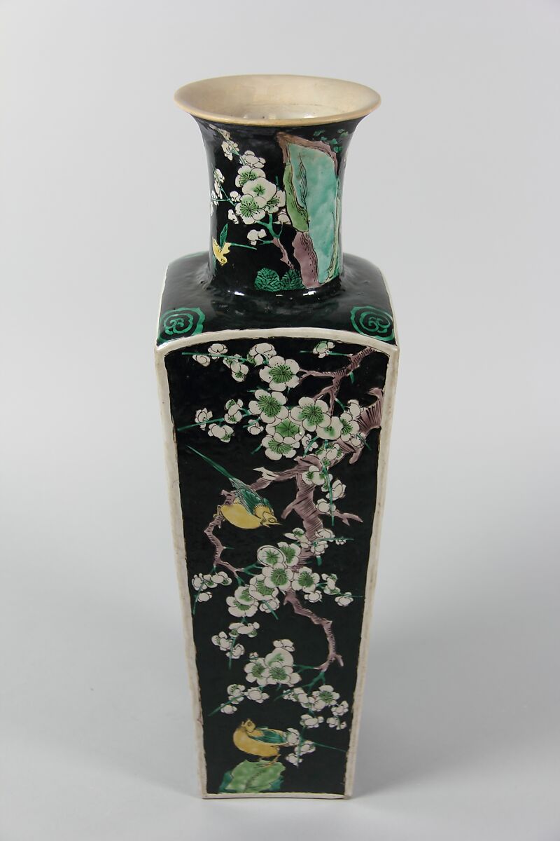 Square vase with birds and flowers, Porcelain painted in polychrome enamels over a black ground (Jingdezhen ware, famille noire), China