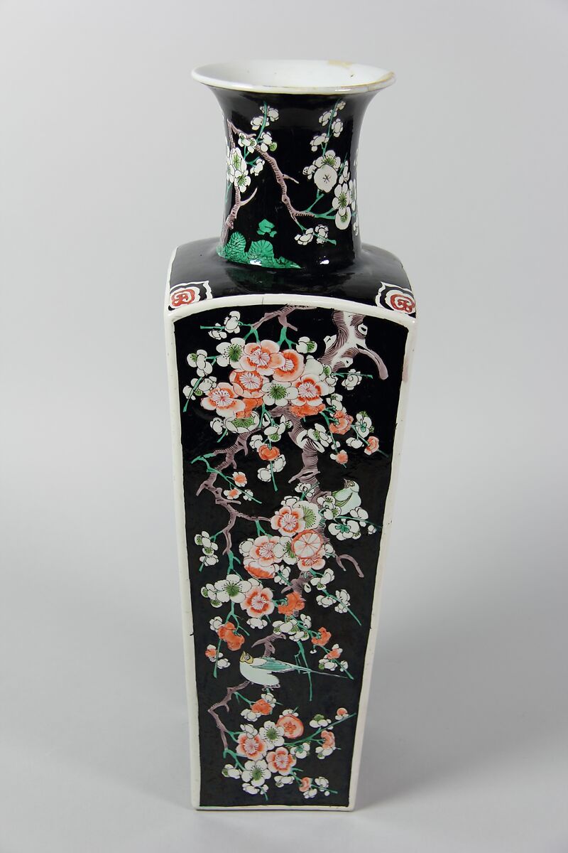 Square vase with birds and flowers, Porcelain painted in polychrome enamels over a black ground (Jingdezhen ware, famille noire), China