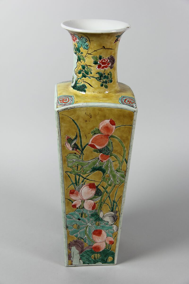 Square vase with scenes of four seasons, Porcelain painted in polychrome enamels over a yellow ground (Jingdezhen ware, famille jaune), China
