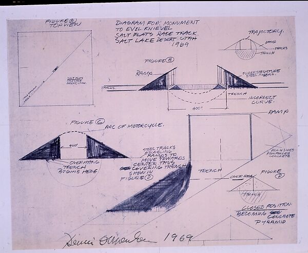 Diagram for Monument to Evil Knievel, Dennis Oppenheim (American, Electric City, Washington 1938–2011 New York), Black line print 