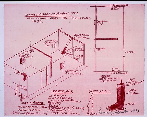 Installation diagram for: Two Right Feet for Sebastian, Dennis Oppenheim (American, Electric City, Washington 1938–2011 New York), Red line print 