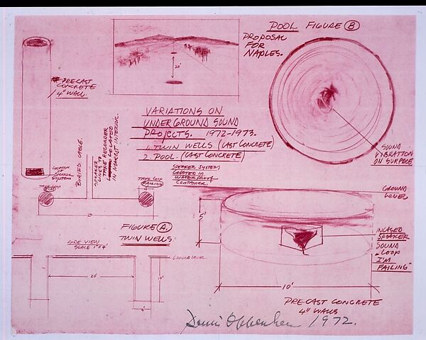 Variations on Underground Sound Projects, Dennis Oppenheim (American, Electric City, Washington 1938–2011 New York), Red line print 