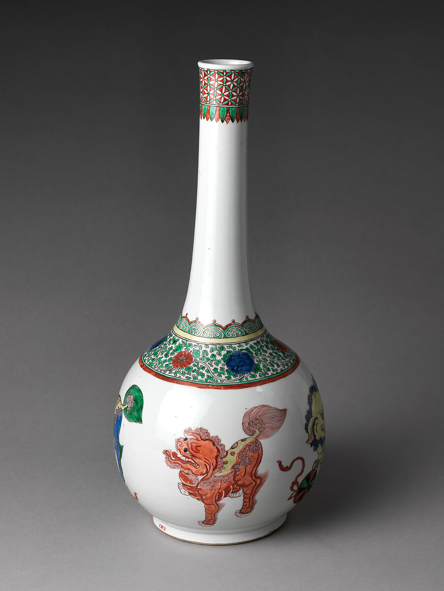 Bottle with Lion, Porcelain painted with colored enamels over transparent glaze (Jingdezhen ware), China