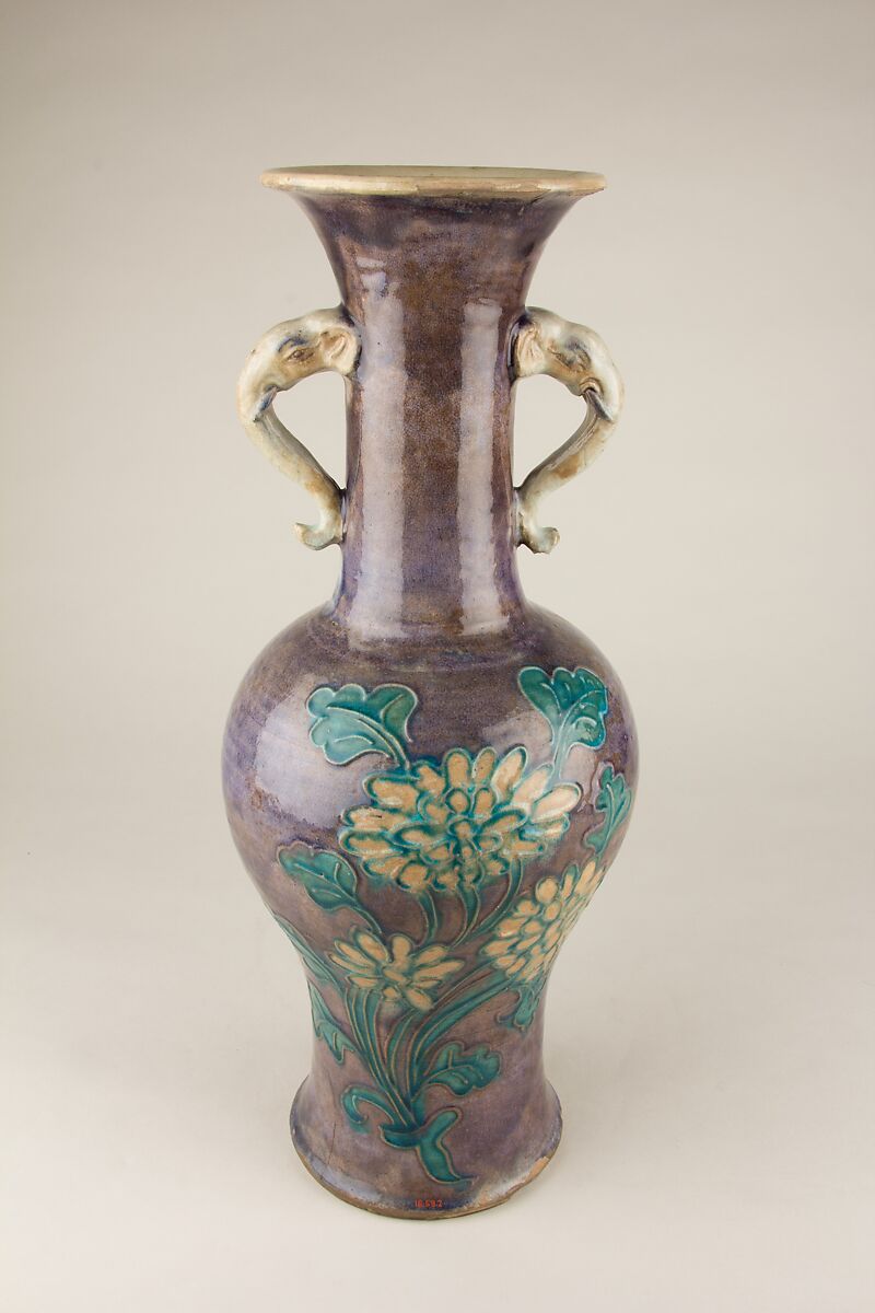 Vase with elephant head handles and floral decoration, Stoneware with relief decoration and polychrome glaze, China