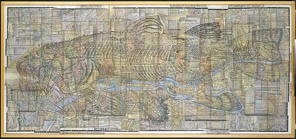 Manhattan Fish, Dmitri Plavinsky (Russian, Moscow 1937–2012 Moscow), Ink and colored pencils on cut and pasted printed paper 