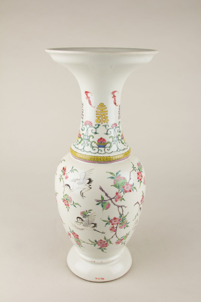 Vase with cranes and peaches, Porcelain painted in overglaze polychrome enamels (Jingdezhen ware), China 