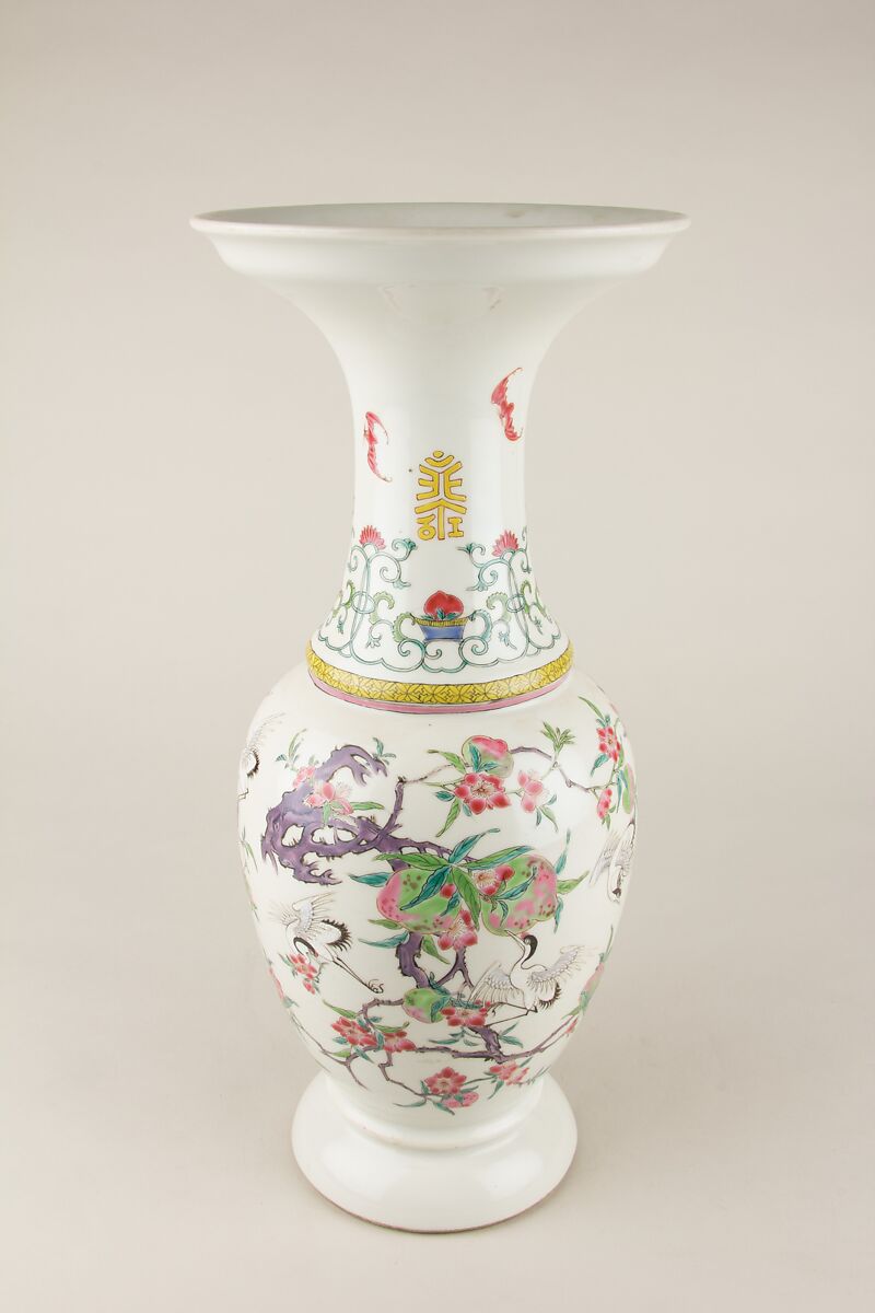 Vase with cranes and peaches, Porcelain painted in overglaze polychrome enamels (Jingdezhen ware), China