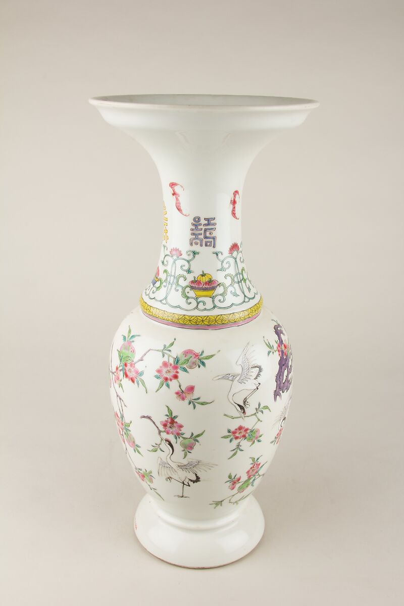 Vase with cranes and peaches, Porcelain painted in overglaze polychrome enamels (Jingdezhen ware), China