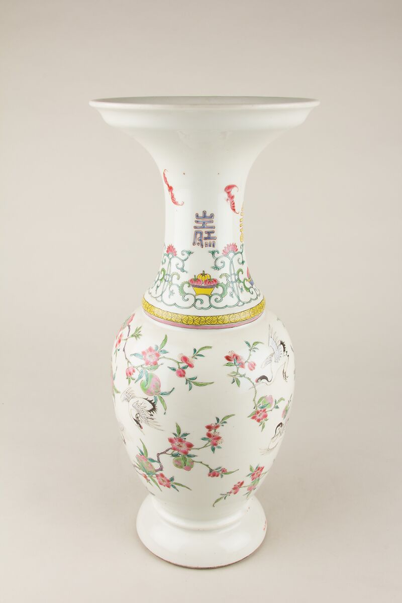 Vase with cranes and peaches, Porcelain painted in overglaze polychrome enamels (Jingdezhen ware), China