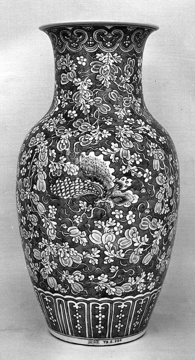 Vase with butterflies amid melon vines, Porcelain painted in underglaze cobalt blue (Jingdezhen ware), China 