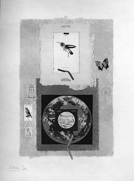 Global Council for Restoration of the Earth's Environment: Trochilius Tricolor, Llewellyn Xavier (Saint Lucian, born 1945), Handmade paper, postage stamp, cut and sewn printed papers, ribbon, intaglio, hand-stamping, lithography, and ink on paper 