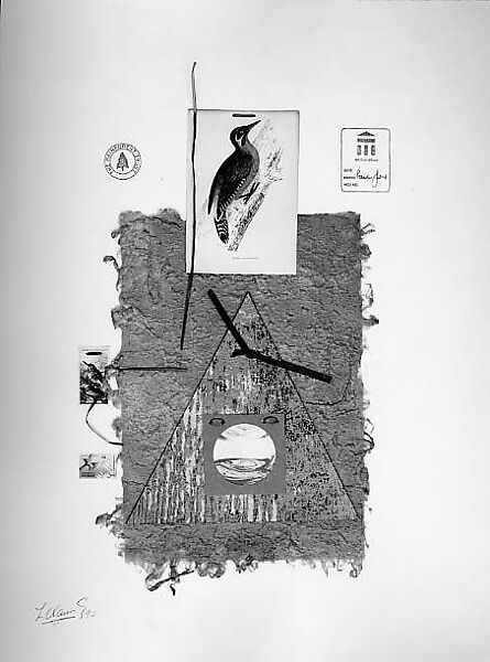 Global Council for Restoration of the Earth's Environment: Green Woodpecker, Llewellyn Xavier (Saint Lucian, born 1945), Handmade paper, postage stamp, cut and sewn printed papers, ribbon, intaglio, hand-stamping, and ink on paper 