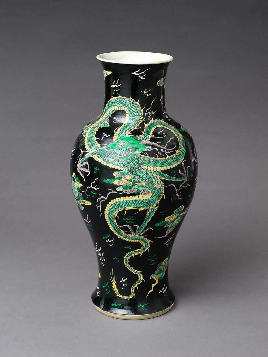 Vase with dragon, Porcelain painted in polychrome enamels over black ground (Jingdezhen famille noire ware), China