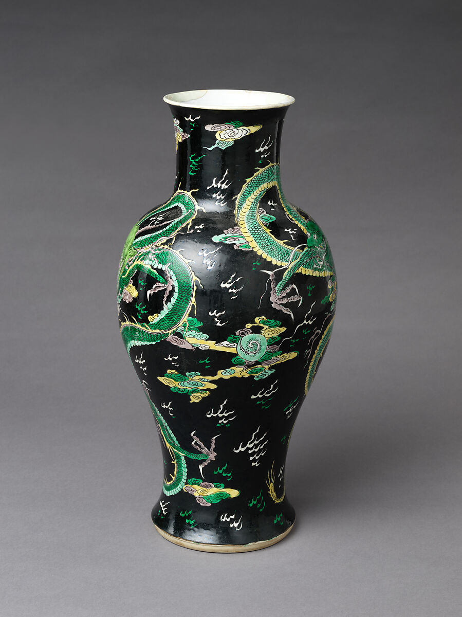 Vase with dragon, Porcelain painted in polychrome enamels over black ground (Jingdezhen famille noire ware), China