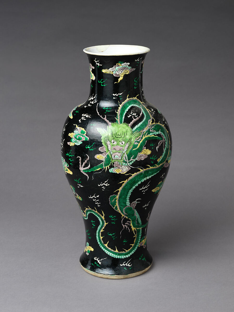 Vase with dragon, Porcelain painted in polychrome enamels over black ground (Jingdezhen ware, famille noire), China 