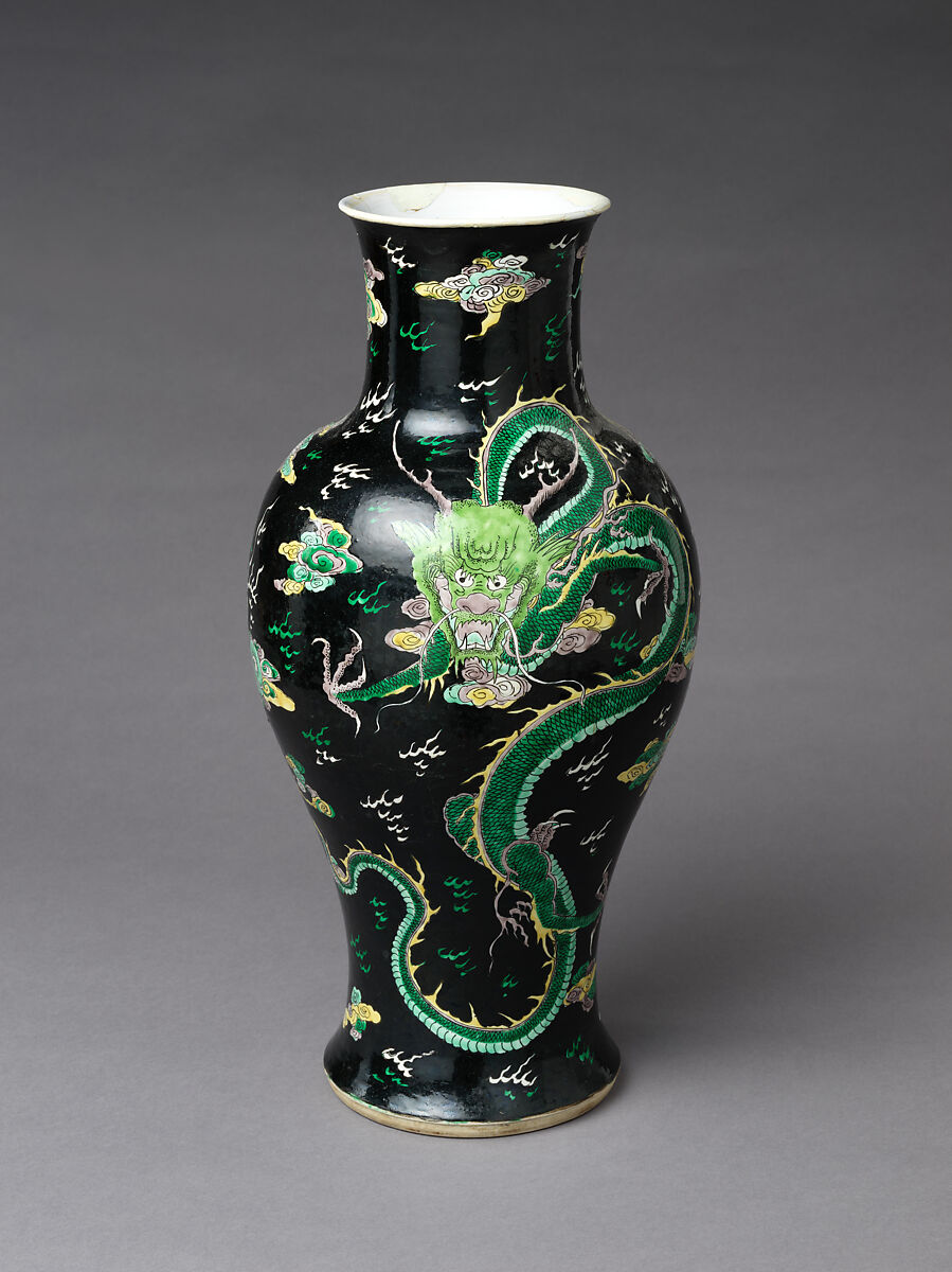 Vase with dragon, Porcelain painted in polychrome enamels over black ground (Jingdezhen famille noire ware), China 