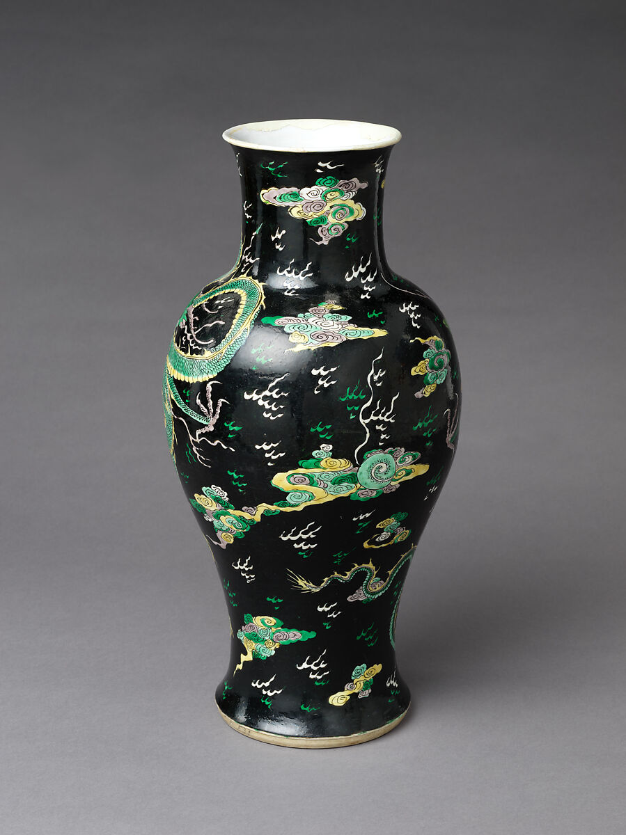 Vase with dragon, Porcelain painted in polychrome enamels over black ground (Jingdezhen famille noire ware), China