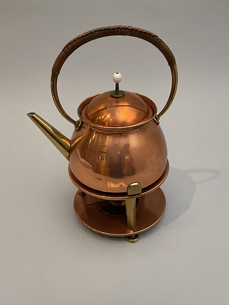 Tea kettle and stand, J. A. Pool (Dutch, 1872–1948), Copper, brass, ivory, and rattan 