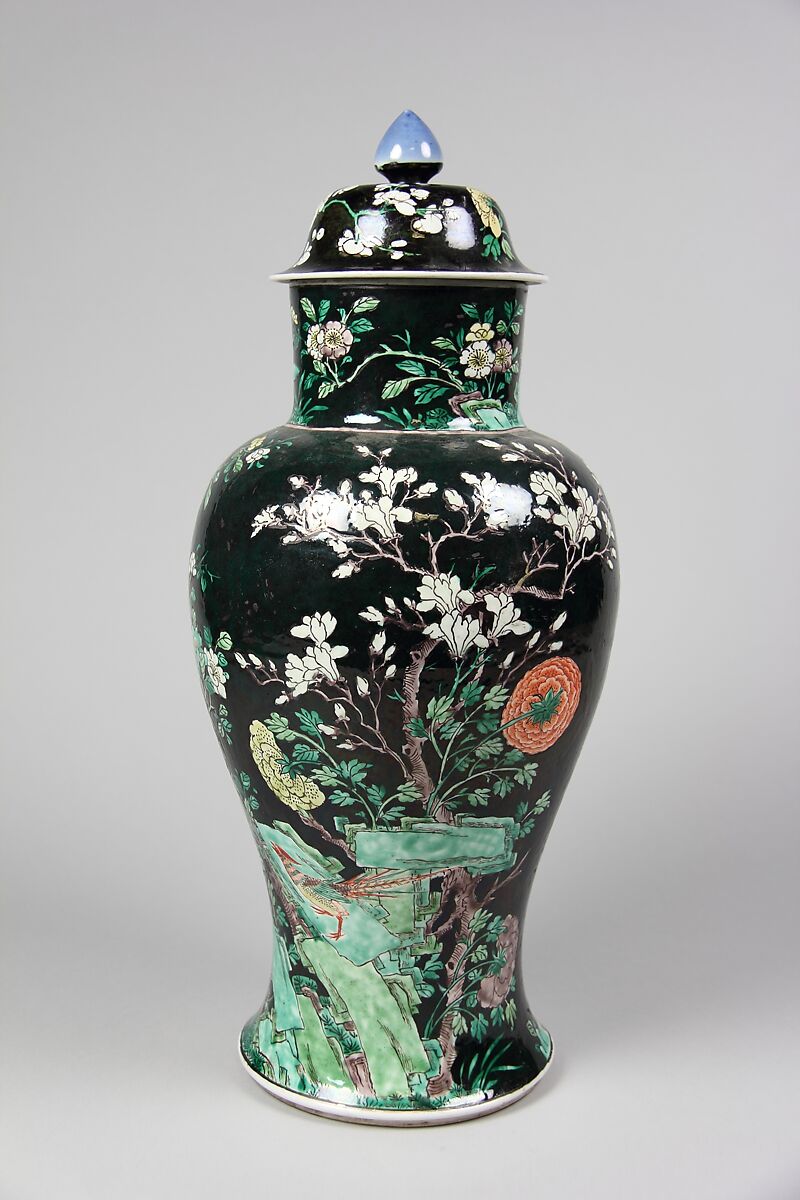 Covered jar with birds and flowers, Porcelain painted in polychrome enamels over black ground (Jingdezhen ware, famille noire), China 
