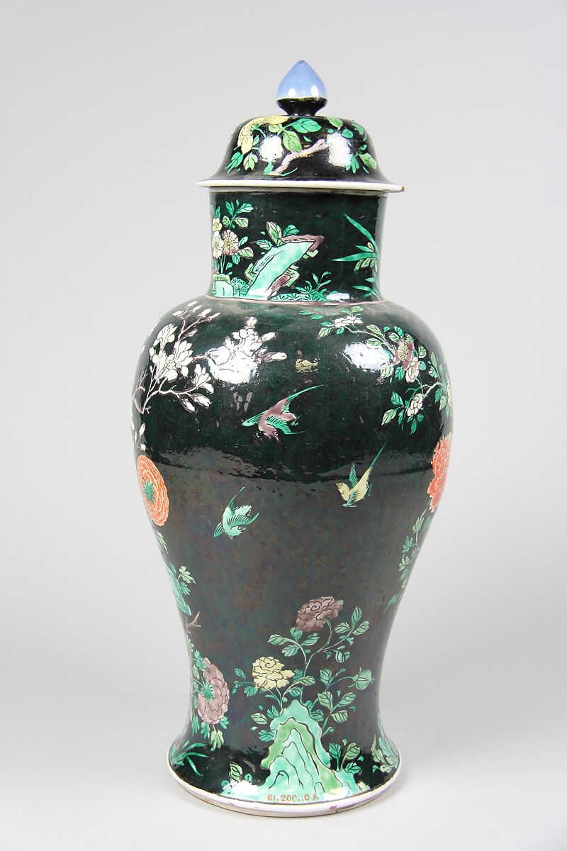 Covered jar with birds and flowers, Porcelain painted in polychrome enamels over black ground (Jingdezhen ware, famille noire), China
