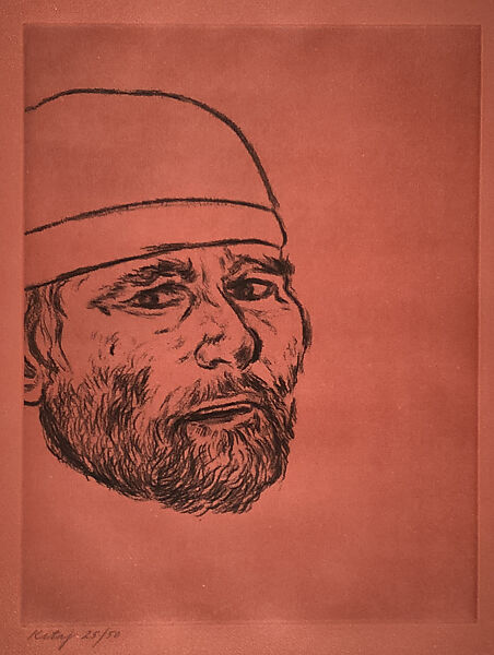 Self-Portrait (after Matteo), R.B. Kitaj (American, Cleveland, Ohio 1932–2007 Los Angeles, California), Soft ground etching on red paper 