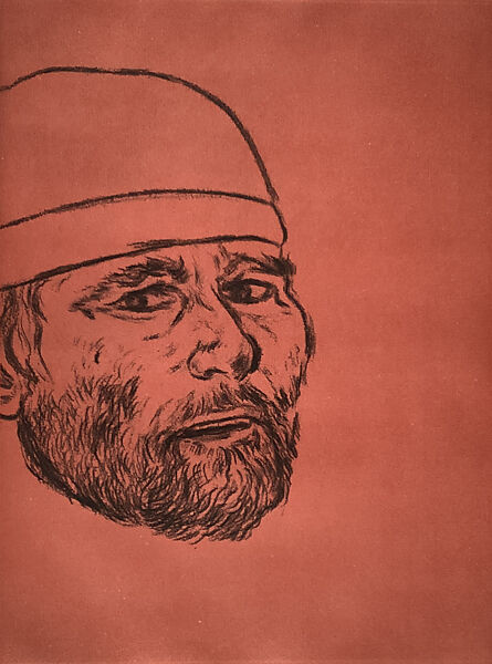 Self-Portrait (after Matteo), R.B. Kitaj (American, Cleveland, Ohio 1932–2007 Los Angeles, California), Soft ground etching on red paper