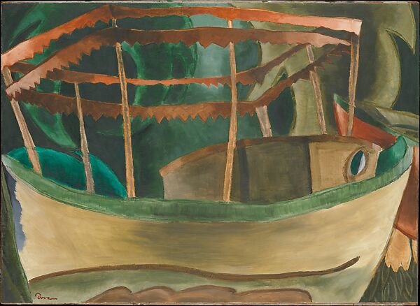 Fishboat, Arthur Dove (American, Canandaigua, New York 1880–1946 Huntington, New York), Oil on paperboard nailed to wood strainer 