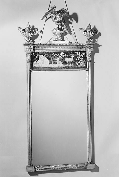 Looking Glass, Gilt gesso, pine, wire, eglomise tablet, American