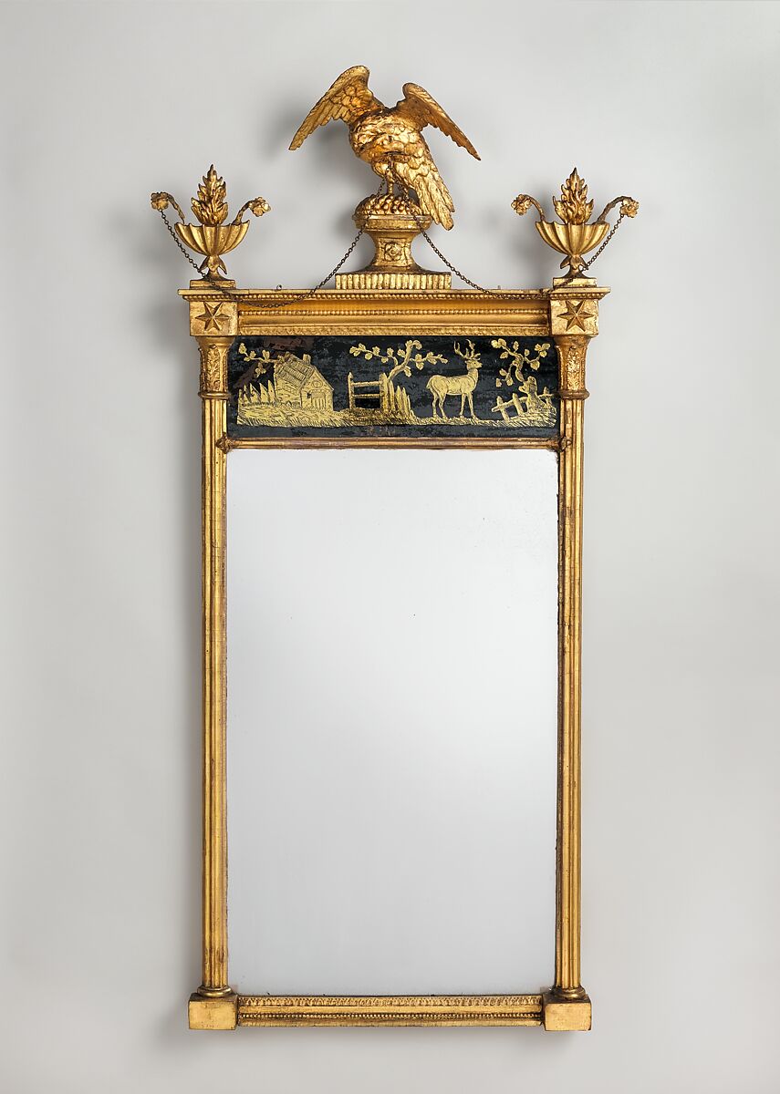 Looking Glass, Gilt gesso, pine, wire, eglomise tablet, American 