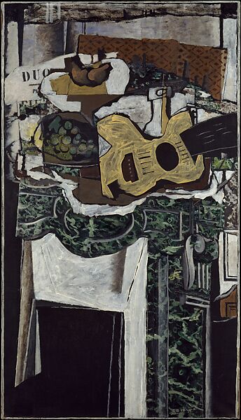 Guitar and Still Life on a Mantelpiece, Georges Braque (French, Argenteuil 1882–1963 Paris), Oil with sand on canvas 