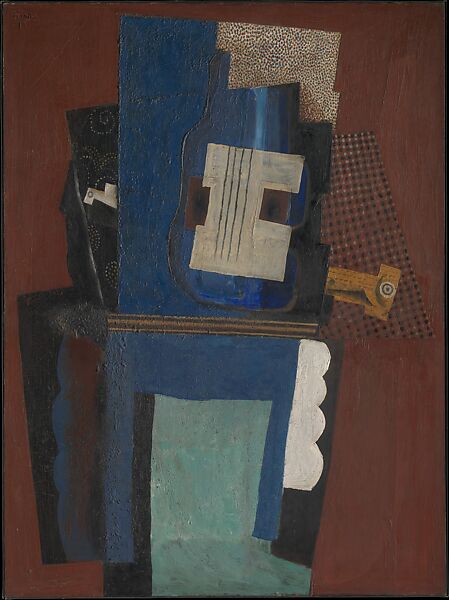 Guitar and Clarinet on a Mantelpiece, Pablo Picasso (Spanish, Malaga 1881–1973 Mougins, France), Oil, sand, and paper on canvas 