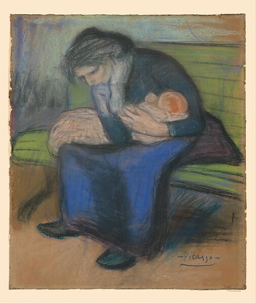 Mother and Child on a Bench, Pablo Picasso (Spanish, Malaga 1881–1973 Mougins, France), Pastel on paper 