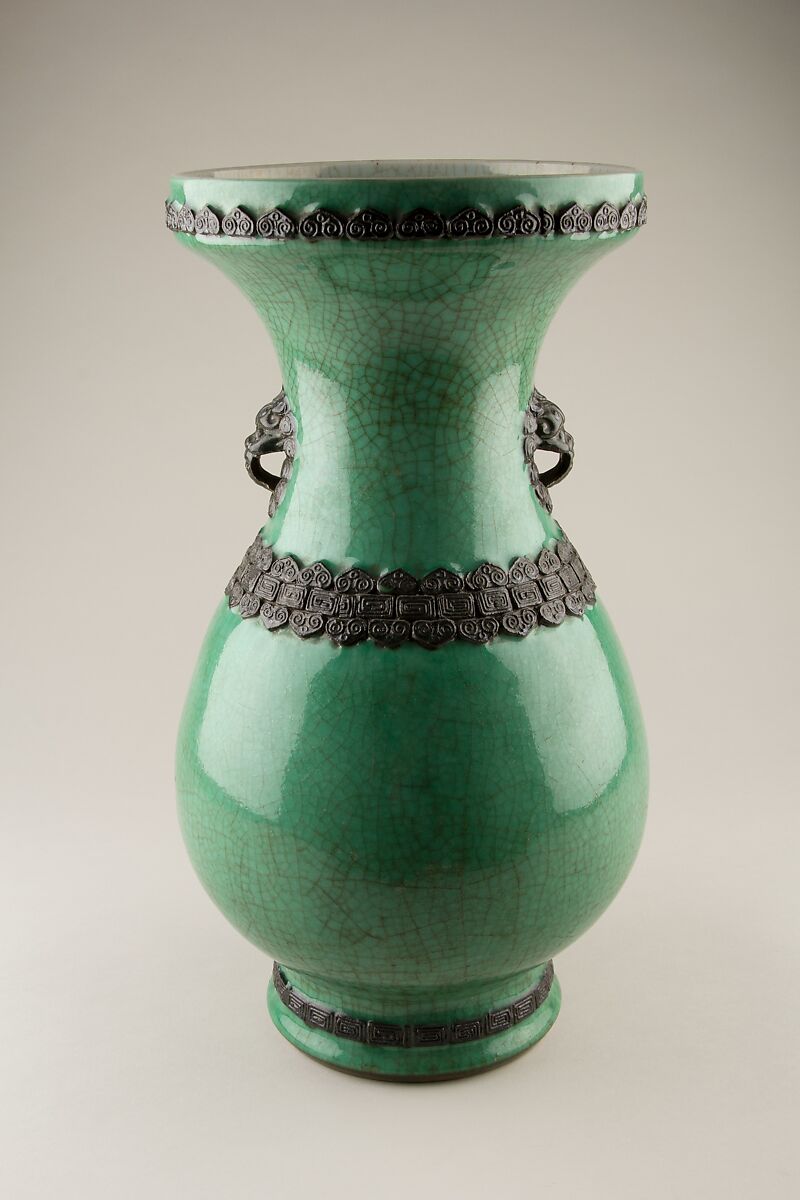Vase with lion-head handles, Porcelain with green glaze and relief decoration (Jingdezhen ware), China