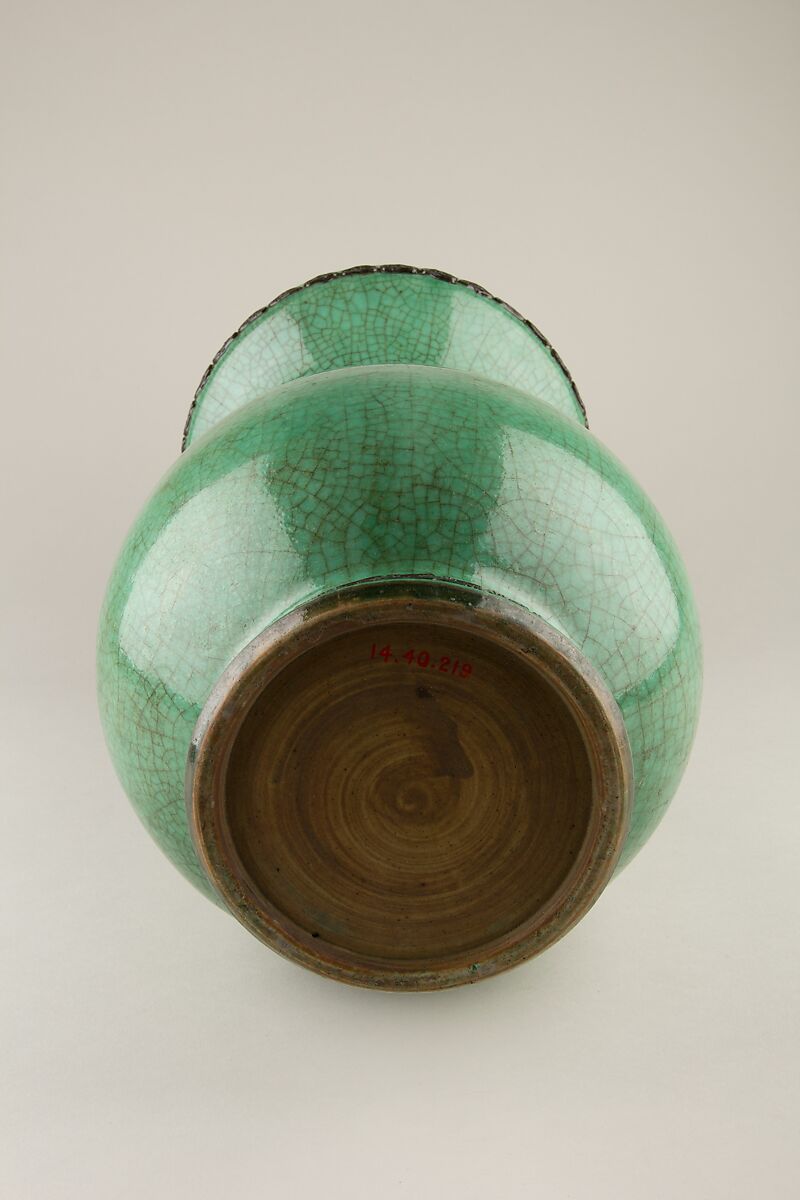 Vase with lion-head handles, Porcelain with green glaze and relief decoration (Jingdezhen ware), China