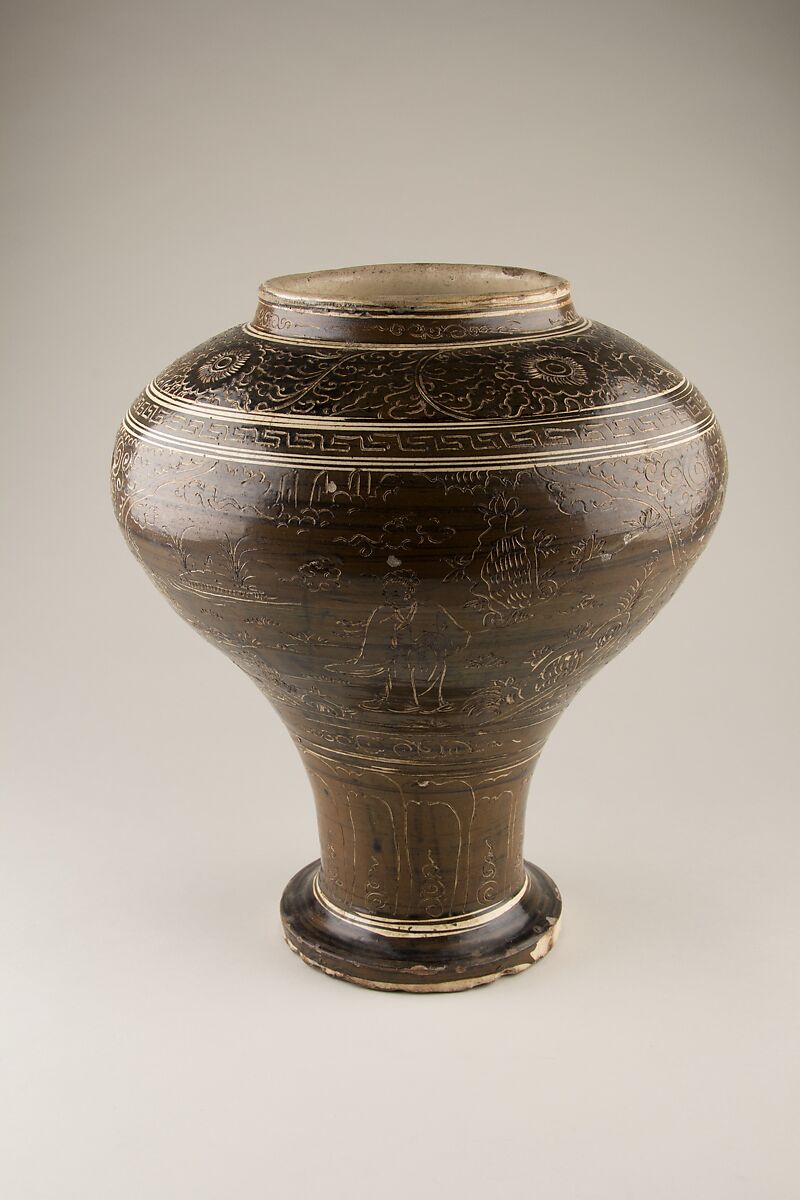 Jar with scholars and crane, Stoneware with incised decoration on brown slip (Cizhou ware), China