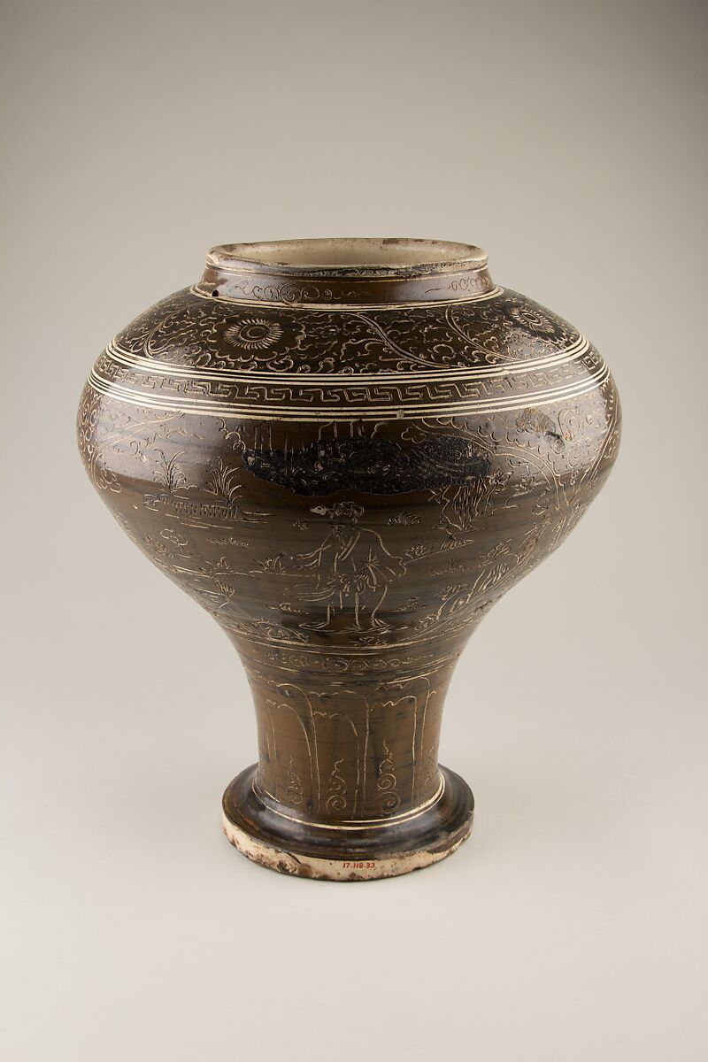 Jar with scholars and crane, Stoneware with incised decoration on brown slip (Cizhou ware), China 