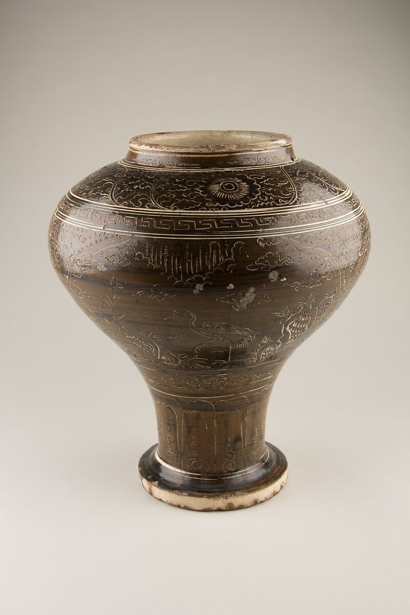 Jar with scholars and crane, Stoneware with incised decoration on brown slip (Cizhou ware), China