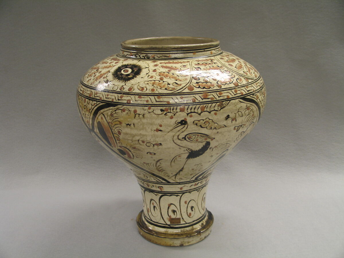 Jar with human figures and crane, Stoneware painted in overglaze polychrome enamels (Cizhou ware), China