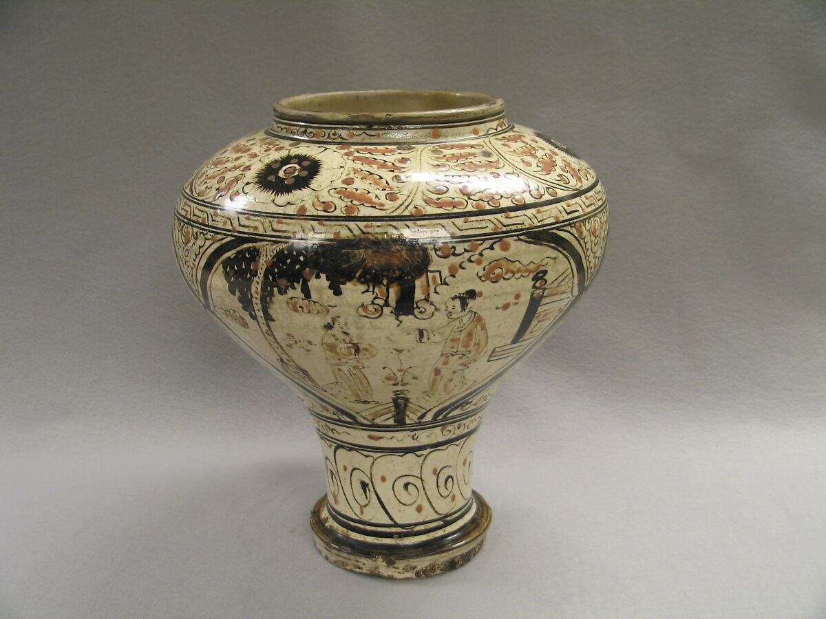 Jar with human figures and crane, Stoneware painted in overglaze polychrome enamels (Cizhou ware), China