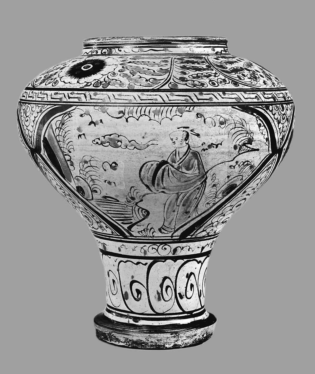 Jar with human figures and crane, Stoneware painted in overglaze polychrome enamels (Cizhou ware), China