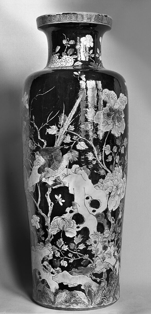 Vase with birds and flowers, Porcelain painted in polychrome enamels over black ground (Jingdezhen ware, famille noire), China 