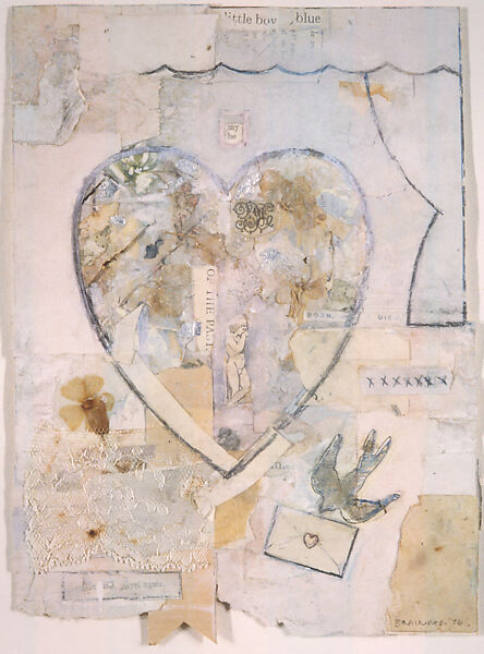 Valentine, Joe Brainard (American, Salem, Arkansas 1942–1994 New York), Collage of cut and torn papers, printed papers, metallic papers, flower petals with opaque watercolor, colored pencil, graphite and blue ballpoint on paper 