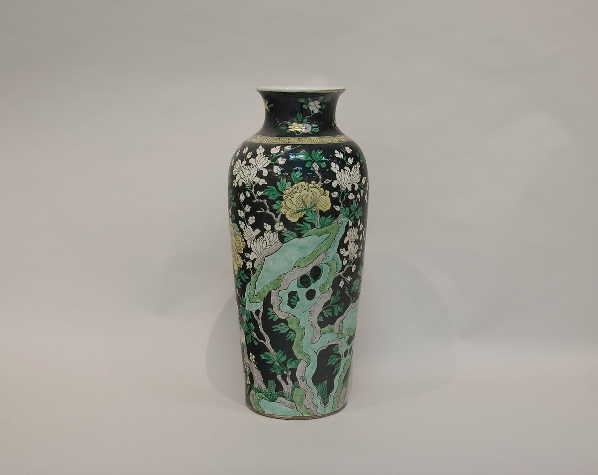 Vase with flower and rock, Porcelain painted in overglaze polychrome enamels (Jingdezhen ware, famille noire), China 