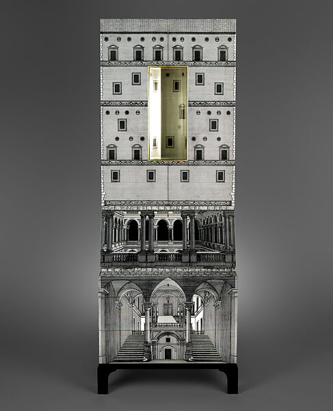 "Architettura", Piero Fornasetti (Italian, 1913–1988), Screen-printed wood fiberboard, mahogany, brass, wire, electric light