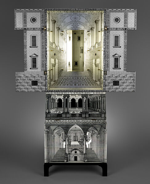 "Architettura", Piero Fornasetti (Italian, 1913–1988), Screen-printed wood fiberboard, mahogany, brass, wire, electric light