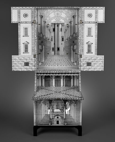 "Architettura", Piero Fornasetti (Italian, 1913–1988), Screen-printed wood fiberboard, mahogany, brass, wire, electric light